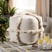 Baxton Studio Alfro-Ivory-Pouf Alfro Moroccan Inspired Beige Handwoven Cotton Fringe Pouf Ottoman